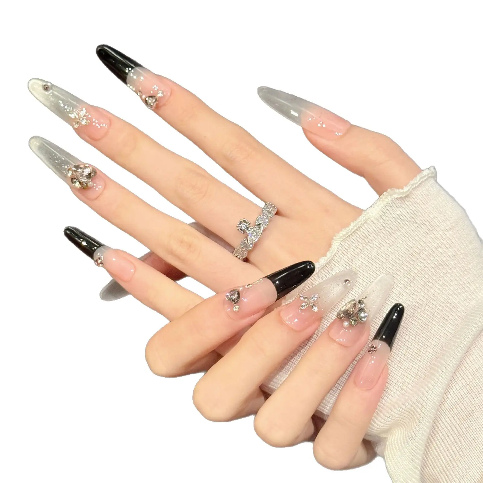 Cat's Eye Press-on Nails with Butterfly Charms & Glass Beads, White Moonlight Burst Shimmery Fashion Design, 18mm Short Oval to 25mm Medium Length, Reusable Removable Beauty Products for Students