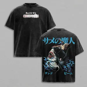 Chainsaw Man Denji Shark Fiend Beam Vintage Acid Wash Oversized T-Shirt Front Chainsaw Man Japanese Logo Back Denji Riding Shark Anime Graphic Distressed Black Unisex Cotton Crewneck CSM Fan Tee Great Gift For Chainsaw Man Manga ，cotton graphic tees