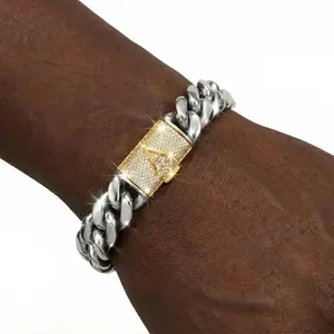 Miami Cuban Link Bracelet (includes 26 English alphabet initial letters), made of stainless steel, featuring vacuum nano electroplating.Chain width: 14 mm; length: 7.5–8.5 inches.The gold lettered buckle is more eye-catching.Low allergenicity, antioxidant
