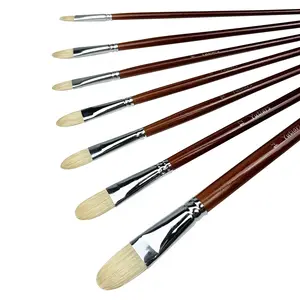 Professional Hog Bristle Filbert Oil Paint Brushes Set, 7pcs Long Wooden Handle Natural Chungking Hog for Oil Acrylic Painting
