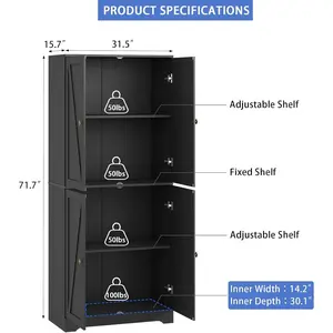 72" Tall Black Pantry Cabinet with Adjustable Shelves, Farmhouse Wooden Storage Cabinet with 4 Barn Doors & Square Knobs, Freestanding Kitchen Pantry for Dining Room, Living Room, Black