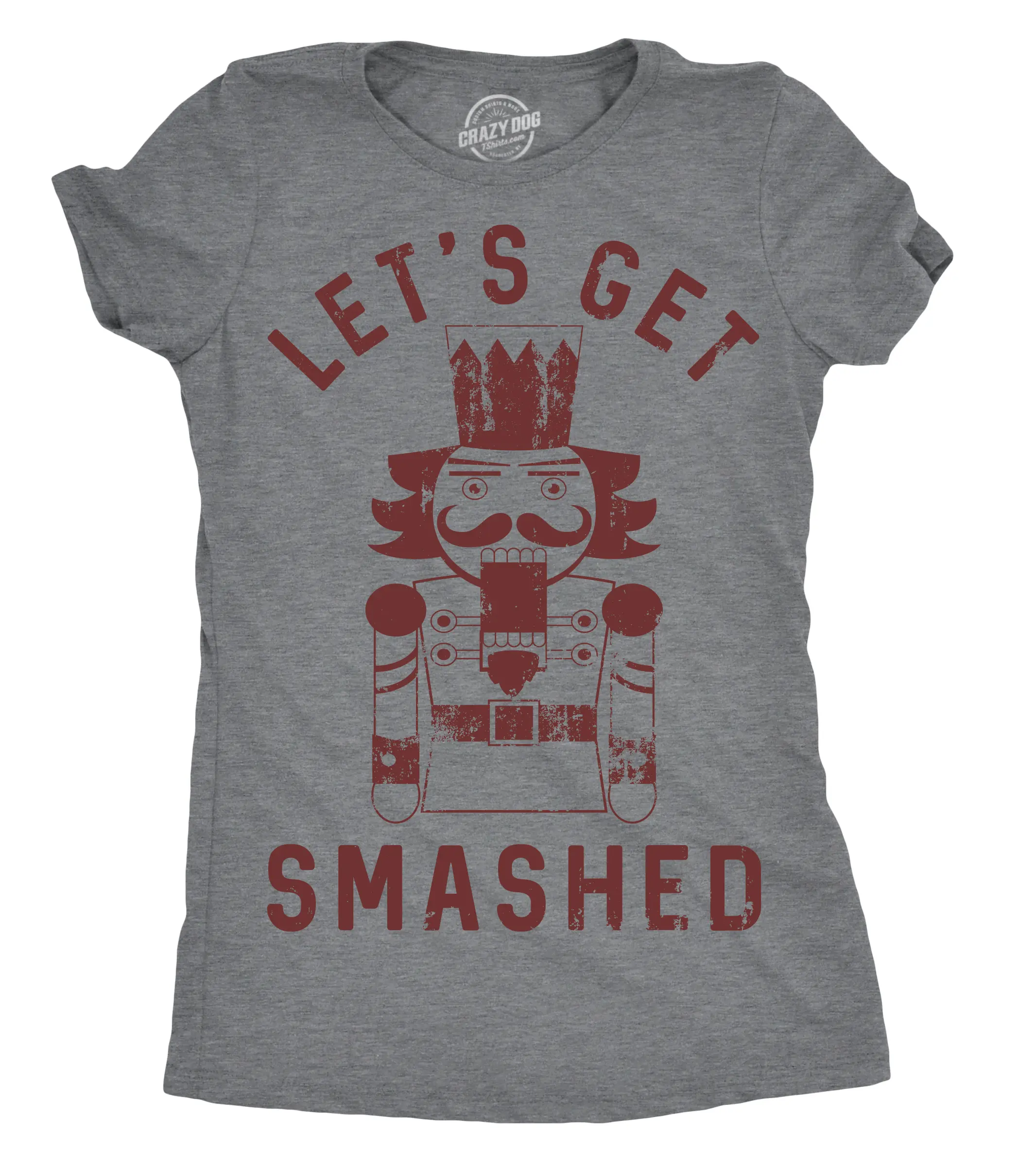 CRAZY DOG T-SHIRTS Women's Funny Christmas Nutcracker Print T-Shirt - Sassy "Let's Get Smashed" Drinking Top, Comfortable Vintage Casual Lady's Party Gift Top
