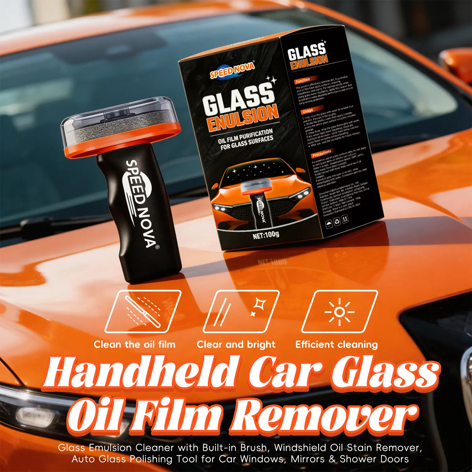 SPEED NOVA 100g Car Glass Oil Film Remover Cream, Portable Handheld Degreaser with Brush, Residue-Free Decontamination Paste, Effectively Cleans Smudges & Oil Stains, Enhances Windshield Clarity for Car, Home & Kitchen