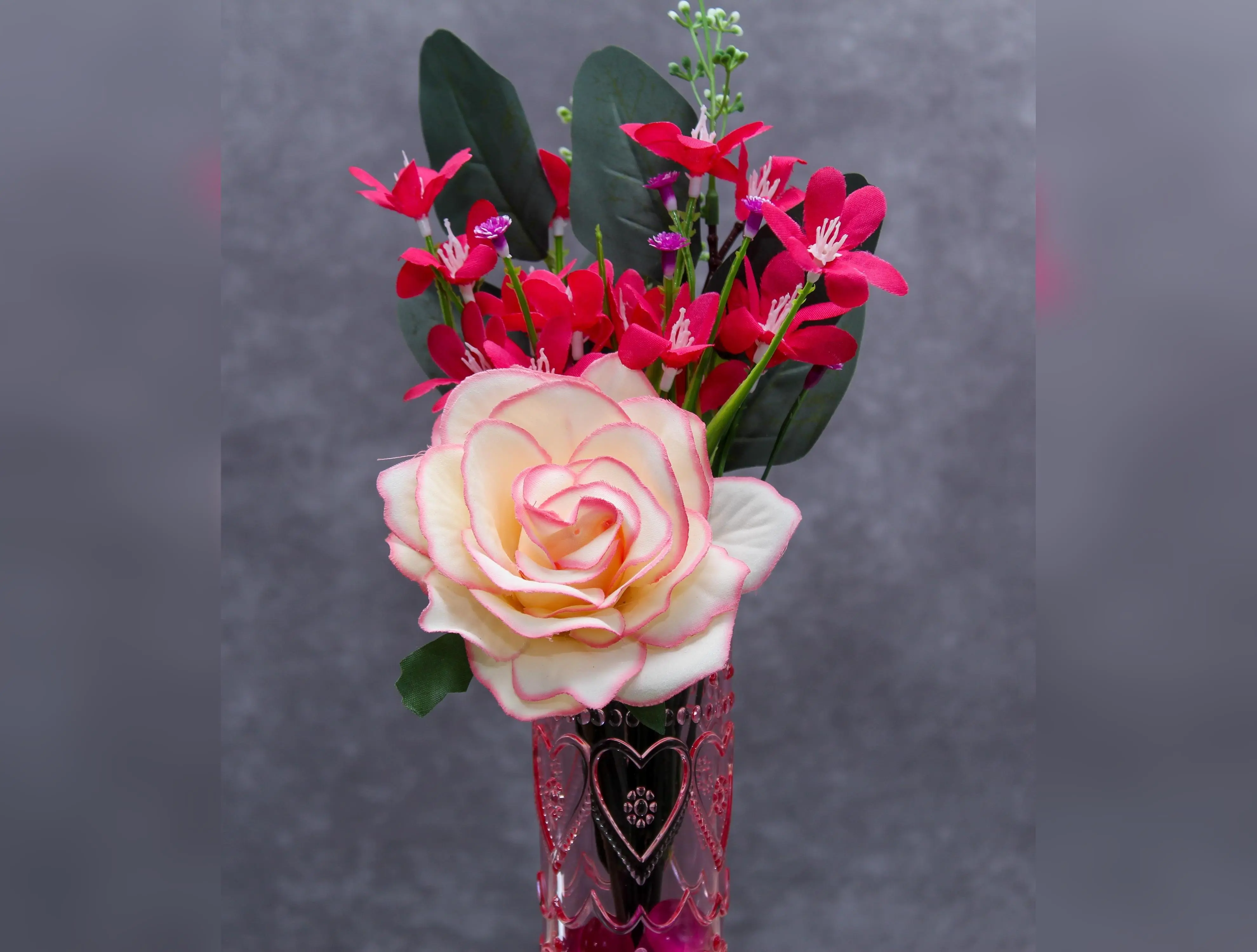Pink & White Roses with Pink Daffodils in Romantic Plastic Glass - Faux Flower Arrangement