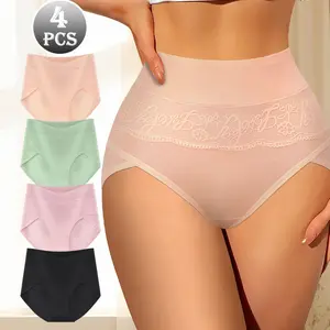 QUASTI 4PCS High Waisted Cotton Briefs For Girls,  Skin Friendly Breathable Underwear, Seamless Abdomen Control Underwear, Mix Colors Exquisite Lace Design Fashionable Versatile, Suitable for Daily Wear, S-XXL