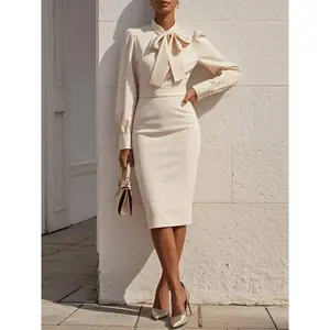 Women's Solid Color Bow Neck Long Sleeve Waisted Midi Dress