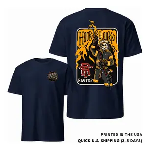 Hook & Lookin Firefighter T-Shirt – Skeleton Firefighter Graphic Tee, Vintage Rescue Flame Design, Soft Cotton Blend Shirt, Gift for Firefighters, First Responders, Dad, Husband
