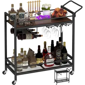 Bar Cart, Two-Color  Bar Serving Cart, Mobile Drink Beverage Cart with 2 Storage Shelves, Rolling Kitchen Cart with  and Glass Holder, for Dinning Room, Living Room, Kitchen