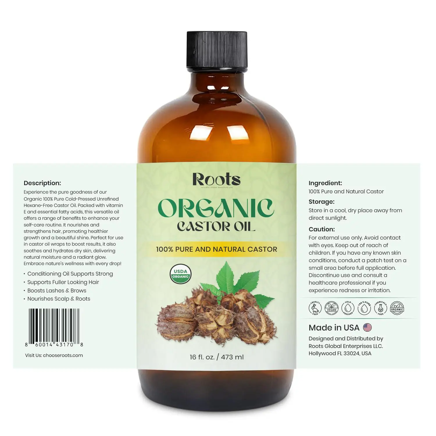 Roots Organic Castor Oil - 100% Pure & Natural - USDA Certified - Glass ...