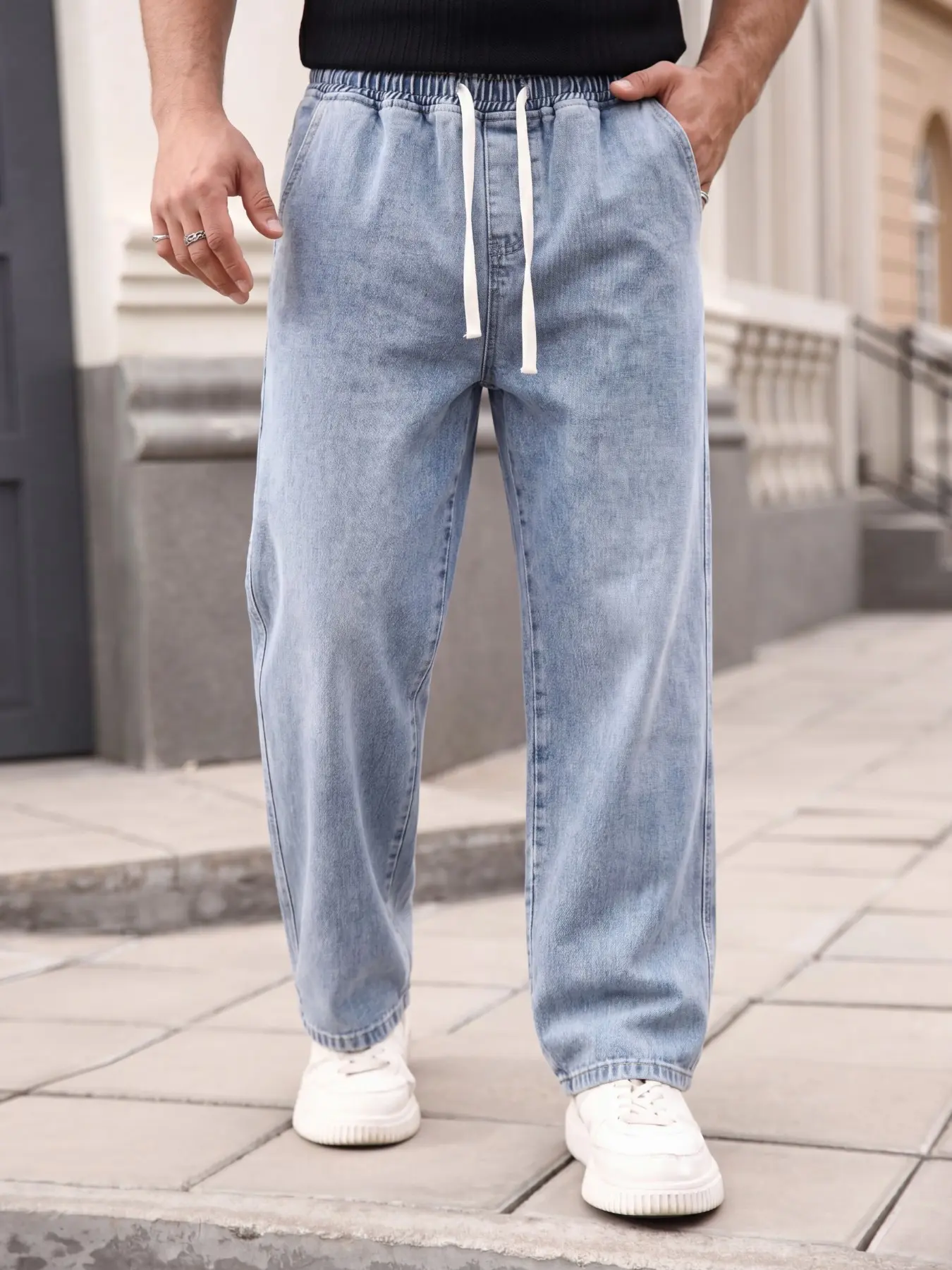 Men's Vintage Washed Loose Wide Leg Denim Jeans, Drawstring Waist Design, Comfortable Breathable Streetwear Casual Straight Leg Pants, All Seasons, Jean Pants Bottoms
