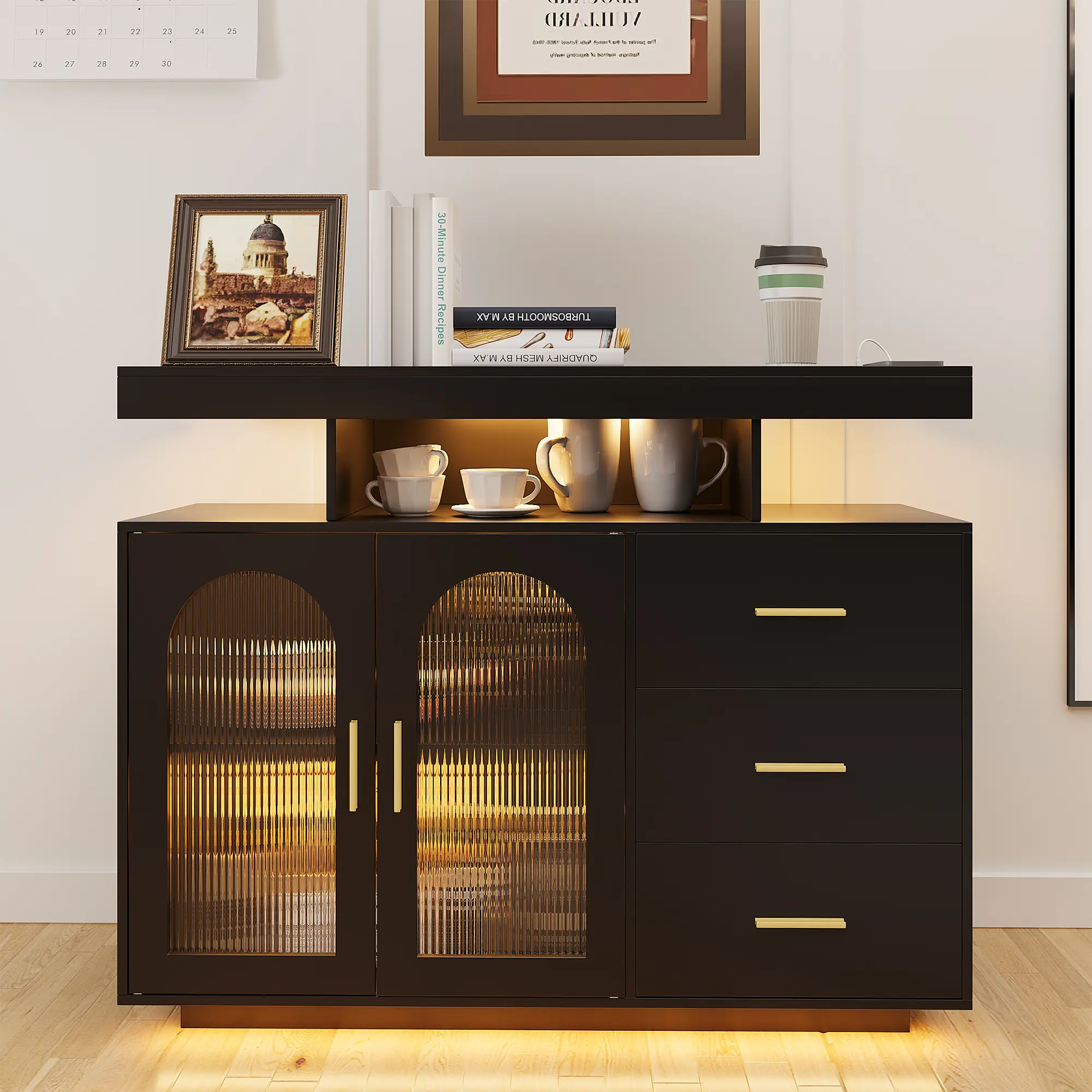 Lvifur Coffee Bar Cabinet with Storage, Buffet Sideboard with RGB Light, Modern Coffee Bar Table with Charging Station