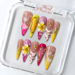 NailPhoria GOLDEN REEF -SUMMER Handmade Press-On Nails | Reusable, Salon-Quality, Long-Lasting, Glossy Design