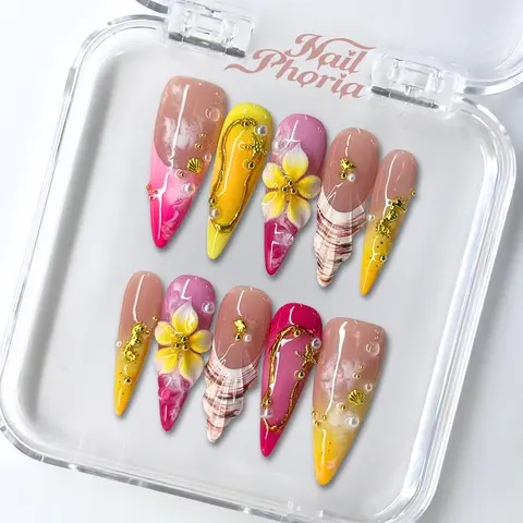 NailPhoria GOLDEN REEF -SUMMER Handmade Press-On Nails | Reusable, Salon-Quality, Long-Lasting, Glossy Design