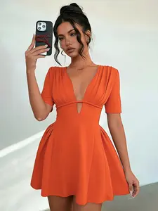 Women's Summer Dress, Pure Color Short Sleeve, Slim Fit Elegant, Perfect for Outdoor Parties, Stylish and Comfortable, Womenswear