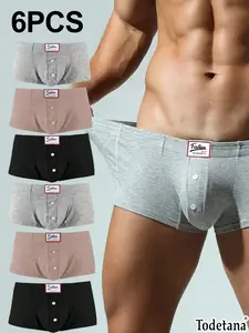 Todetana 6-piece Men's Solid Color Underwear, Button Decoration, High Elasticity Comfortable Fabric, Soft Ribbed Fashion Briefs, Perfect Gift for Men