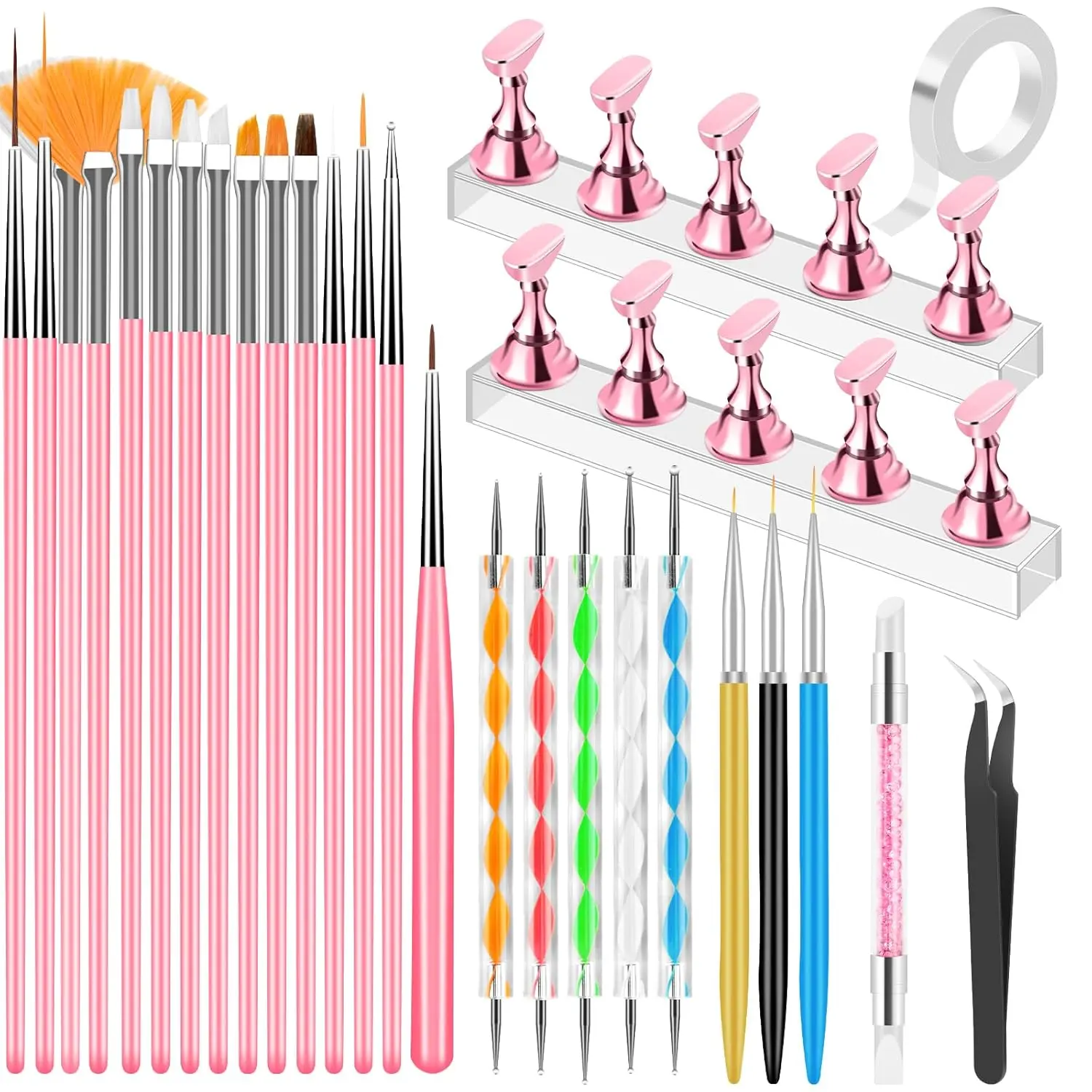 Nail Art Tools Set, Nail Stand for Press on Holder for Painting Nails, Nail Art Brushes, Liner Brushes, Nail Dotting Tool, Must Haves Design Tools Supplies Kit for Nail Tech & Beginners (Pink)