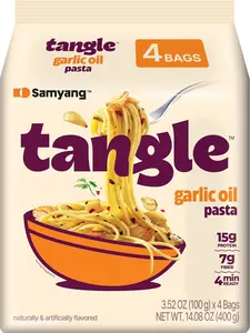 Samyang Tangle Garlic Oil Linguine 4 Pack 3.63 oz Air Dried Pasta Roasted Garlic Olive Oil Flavor Easy Cook Noodles Spicy Kick Gourmet Instant Pasta