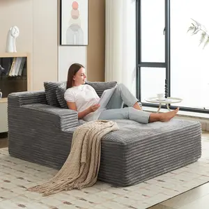 Garvee 50" Oversized Chaise Lounge Indoor Boneless Couch with 3 Pillows, Corduroy Sofa Bed Sleeper Chair for Living Room, Bedroom, or Reading Area, No Assembly Required, Grey