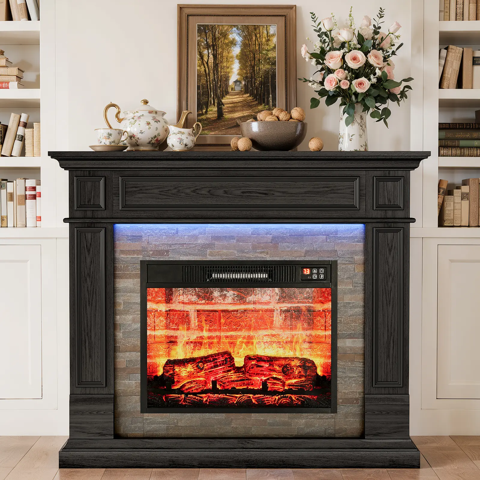 【2 Packages shipped] LGHM 44" Electric Fireplace with Mantel, Fireplace TV Stand for TVs , Farmhouse Entertainment Center with Storage, Fireplace Heater Insert with Realistic 3D Flame for Living Room,Bedroom，Traditional Fireplace Mantel