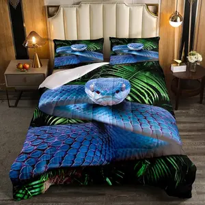 Feelyou 3D Blue Snake Duvet Set - Breathable Bedroom Bedding Set with Blue Scales, Palm Leaf Wild Animal Styling, Quilted Reptile Comforter, Breathable Duvet Set
