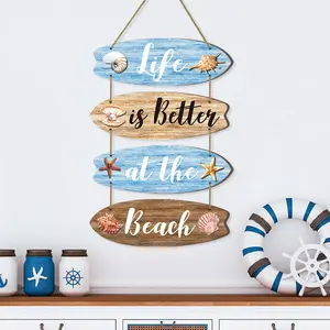 Hangable Ocean Wooden Flat Sign Ornaments - Summer Shell Combination, Surfboard Silhouette Wall Hanging for Home Decor, Wedding Decor Others