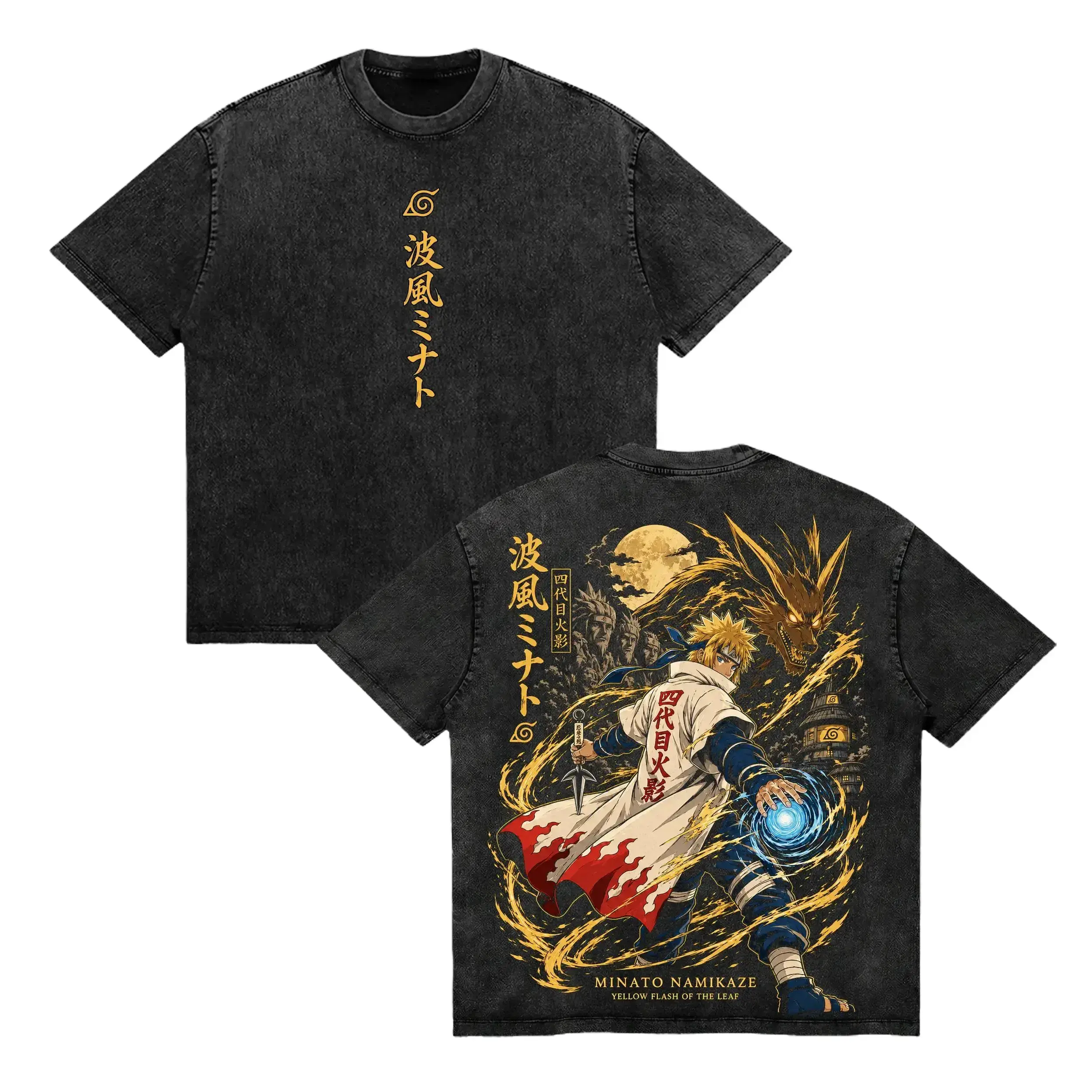 Men's Vintage Anime T-Shirt, Oversized Heavyweight Cotton Tee with Minato 'Yellow Flash' High-Res Double-Sided Graphic Print, Retro Casual Streetwear, Vintage Retro, Classic, All Seasons, Double Print, High Res 2D Print, Machine Washable