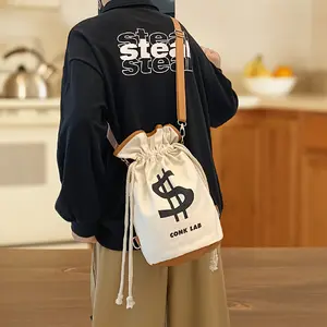 Fabric Drawstring Money Bag Pouch with Dollar Sign Canvas Backpack,  Portable Storage Drawstring Shoulder Bag, Multifunctional Casual Money Bucket Purse