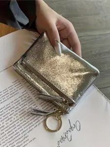 Luxury Shiny PU Women's Wallet, Elegant Silver Crackle Pattern Wallet, PU Handbag, PU Car Key Holder, Shoulder Bag, Key Holder, Card Holder, Coin Purse, Ladies Banknote Clip, Envelope Bag, 3-Layer Storage, Travel Accessory, Women,