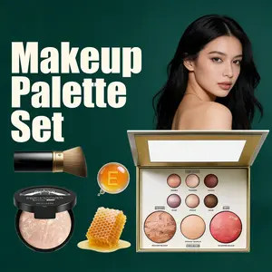 Makeup Palette Set, 4-in-1 Eyeshadow Highlighter Contour Blush with 15g Baked Foundation & Makeup Brush, Natural Long-Lasting Full Face Makeup Kit