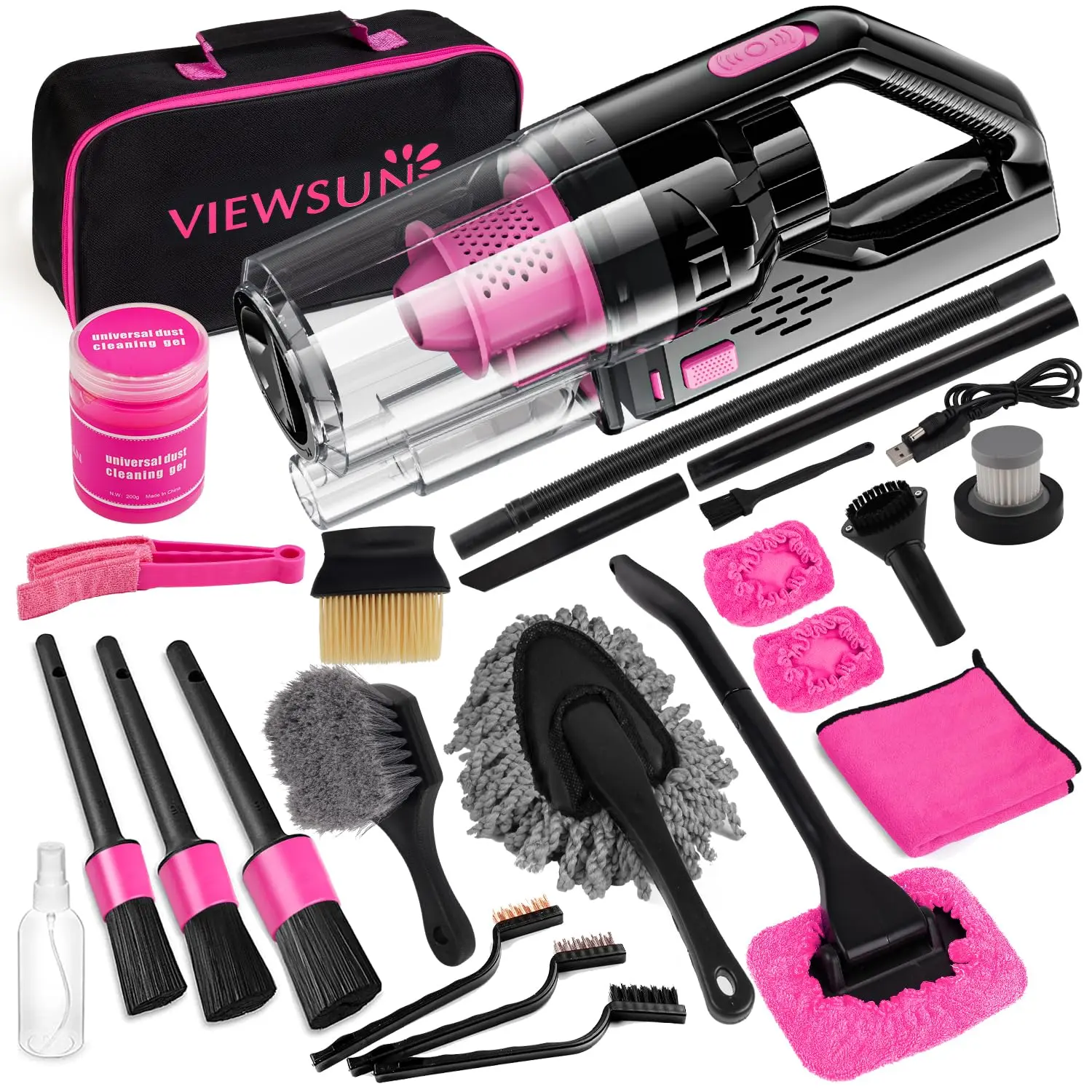 【summerfinds】Viewsun Car Vacum Cordless Rechargeable, 8000PA High Power Handheld Vacuum Cleaner with 17PCS Car Cleaning Kit, Pink Auto Accessories for Women Gift，Summervibes