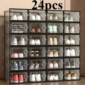 24pcs Thick Transparent Shoe Boxes With Lids Foldable Stackable Plastic Rack Organizer Waterproof Space Saving For All Footwear Entryways Bedrooms Homes Dormitories