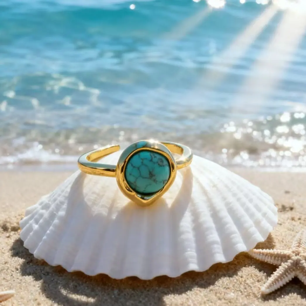 Adjustable Natural Turquoise Open Band Ring, French-Inspired Vintage Stackable Hypoallergenic Jewelry for Women, 18K Gold-Plated Copper Design with Bohemian Spirit for Beach Vacations
