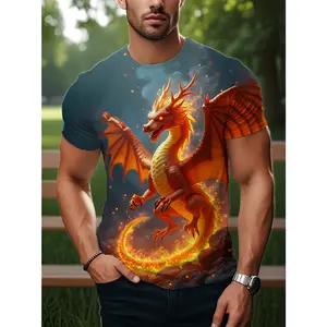 [Printed Design - Not Textured] Plus-size Digital Print, Men's Style "Flame Red Dragon Pattern T-Shirt" Graphic Design, Item for Summer and Autumn, Polyester Fiber, PLUS SIZE