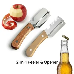 2PCS Premium 2-in-1 Fruit & Veggie Peeler Set, Sharp Stainless Steel Blade, Non-slip Wooden Handle with Bottle Opener, Must-Have Kitchen Tool for Home Cooking Camping