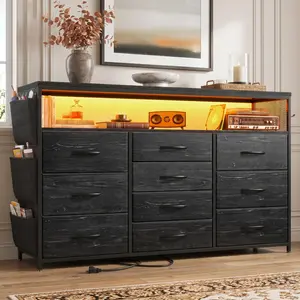 【SUMMER Vibes】10 Fabric Drawers Dresser for Bedroom with purse hook & Folders, 55" TV Stand Dresser with Power Outlets & LED Lights, Fabric Dressers & Chest of Drawers with Side Pocket & Wood Open Shelves,Ideal for Living Room, Closet,Easy Assemble, Black