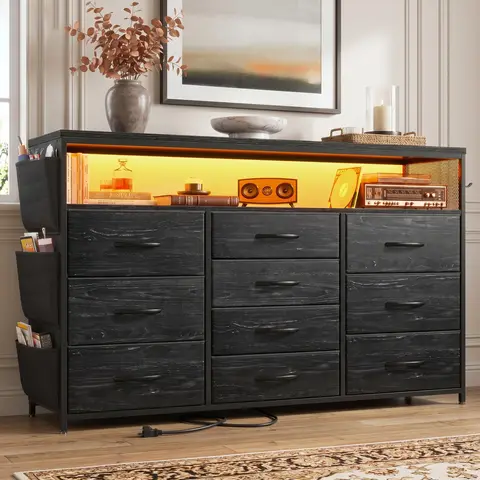 【BlackFriday】Raybee Lightweight 10 Fabric Drawers Dresser for Bedroom with LED Light Strips,55" TV Stand Dresser with Power Outlets, Chest of Drawers with Side Pockets & Hooks For Living Room, Easy Assembly #Small Space Storage #Renter Picks