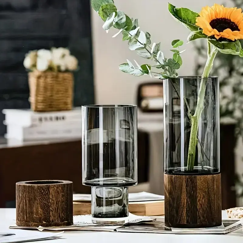 Elegant Vintage Glass Bud Vases Set, Embossed Decorative Flower Vase with Wooden Base, Small Glass Vase for Home Decor, Living Room, Dining Table, Shelf Decor, Wedding Centerpiece Gift