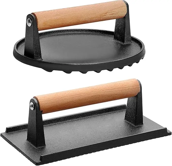 Heavy Duty Rectangular Cast Iron Burger Press Set - 2-Pack Kitchen Tools with Wood Handle for Indoor Bacon, Steak Cooking & Flat Top Griddles