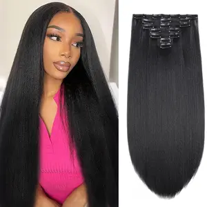 Twicebeauty Kinky Straight Clip in Hair Extensions for Black Women Full Head Yaki Straight Clip Ins Synthetic Hair Extensions 7pcs Natural Black