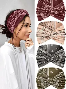 Women's Hairbands 4 Pack, Wide Thin Elastic Boho Dye Knot Headbands, Vintage Style for Sports Yoga Makeup Spa, Fashion Accessories