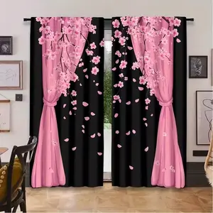 2pc Cherry Blossom Romantic 2D Digital Print Curtain/Door Curtain, Home Decoration Curtain, semi-sheer with rod pocket design, suitable for bedrooms, living rooms, home decor