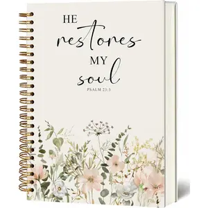 Notebook, A5 Spiral Christian Journal with Floral Notebook,  Verse-He Restores My Soul, Inspirational Notebooks for Won,  Study,  for Birthday Christmas, Office Supplies (White)
