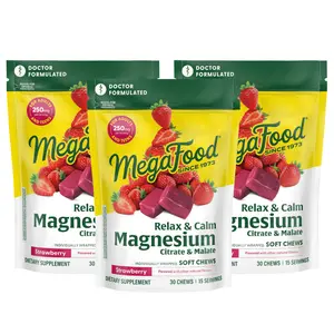 MegaFood Magnesium Soft Chews – Strawberry Flavor. Helps relax the body & promote a sense of calm. 30 Individually Wrapped Chews