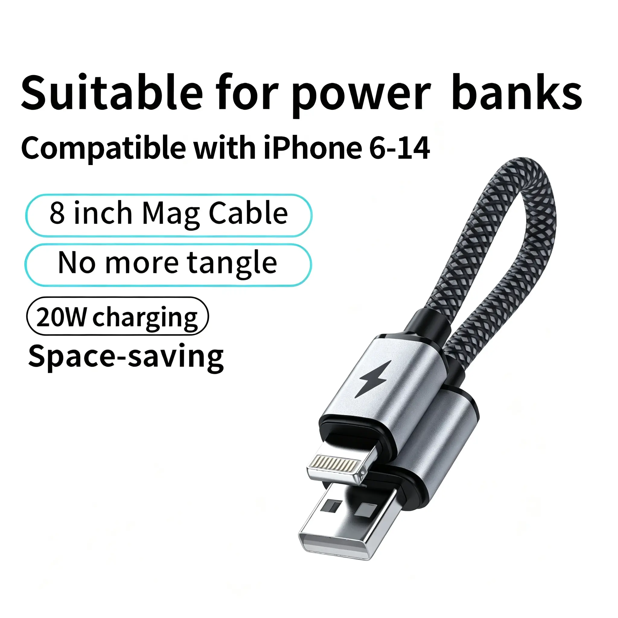 Kaxoe 20W Fast Charging USB-A to Lightning Cable, 8inch(20CM) Braided Magnetic Short Cable for Power Bank, Compatible with iPhone 6-14 Plus Pro Max, Ideal for Home & Hiking, Charging Cable