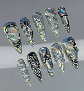 Chrome Liquid Metal Press On Nails | Holographic Iridescent 3D Texture with Silver Sculpted Art | Futuristic Cyber Nail Set