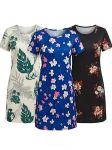Women's 3-Piece Sleepwear Set, Floral Tropical Leaf Print Short Sleeve Nightgown, Soft Breathable Round Neck Casual Home Wear, Round Neck Nightdress, Soft Sleepwear Loungewear
