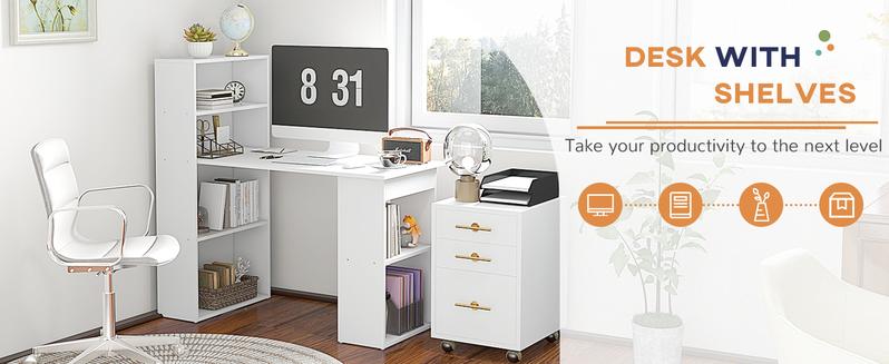 HOMCOM Modern Home Office Desk with 6-Tier Storage Shelves, 47" Writing Table with Bookshelf