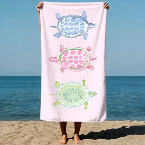 Three stylized turtles in blue, pink, and green, painted in a whimsical watercolor art style. Sand-Free Beach Towel | Ultra-Light Microfiber | Quick-Dry, Compact for Travel