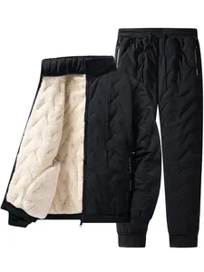 Two-piece Set Men's Solid Zip Up Thermal Lined Jacket & Pocket Pants, Regular Fit Casual Cozy Long Sleeve Outerwear & Jogger Pants for Winter, Men's Clothes for Outdoor Activities, Coat