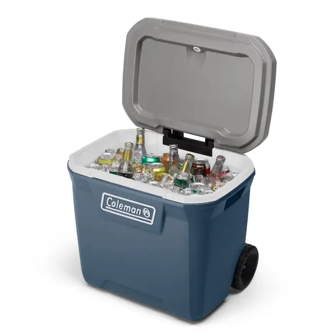 Coleman 316 Series 60QT Hard Chest Wheeled Cooler, Lakeside Blue, durable cooler, outdoor cooler, easy-to-move cooler.
